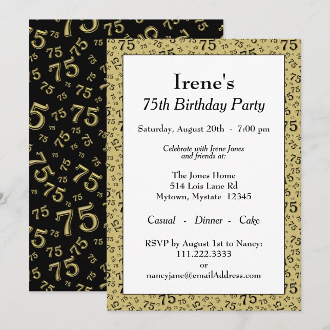 75th Birthday Party Gold and Black Number Pattern Invitation (Front/Back)