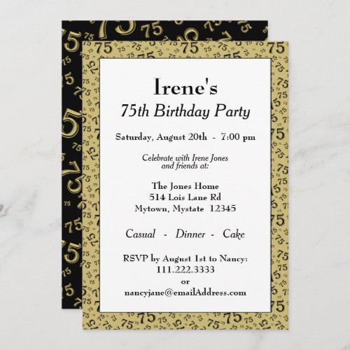 75th Birthday Party Gold and Black Number Pattern Invitation