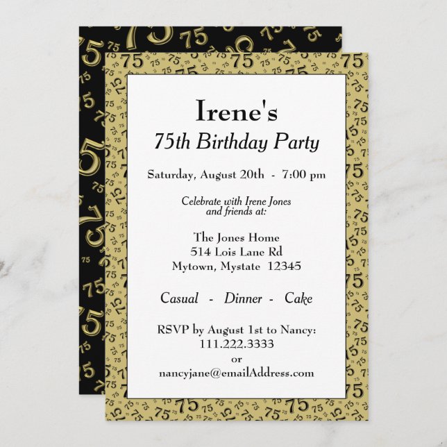 75th Birthday Party Gold and Black Number Pattern Invitation (Front/Back)