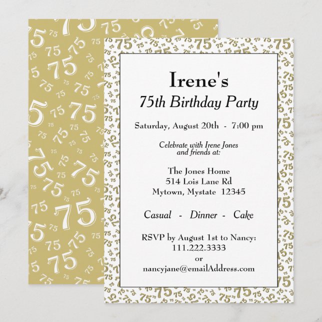 75th Birthday Party Gold and White Number Pattern Invitation (Front/Back)