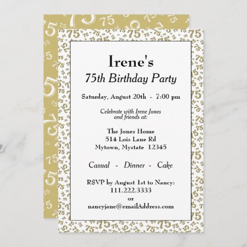 75th Birthday Party Gold and White Number Pattern Invitation