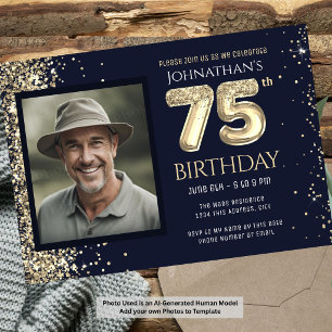 75th Birthday Party Gold Glitter Blue Photo Invitation