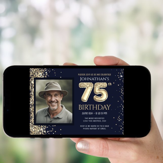 75th Birthday Party Gold Glitter Blue Photo Invitation (Front Digital)