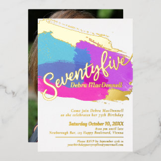 75th Birthday party gold photo bright abstract art Foil Invitation