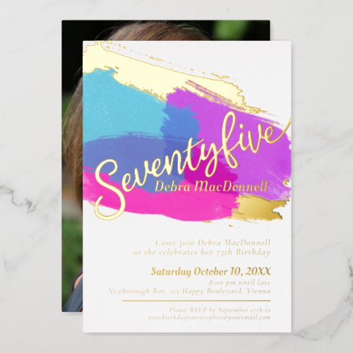 75th Birthday party gold photo bright abstract art Foil Invitation