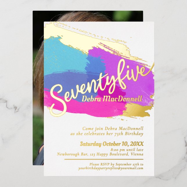 75th Birthday party gold photo bright abstract art Foil Invitation (Front/Back)