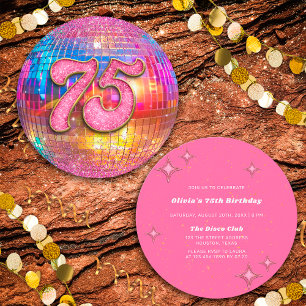 75th Birthday Party Gold Pink Glitter Disco Ball Invitation