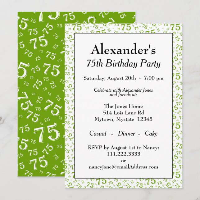 75th Birthday Party Green and White Number Pattern Invitation (Front/Back)