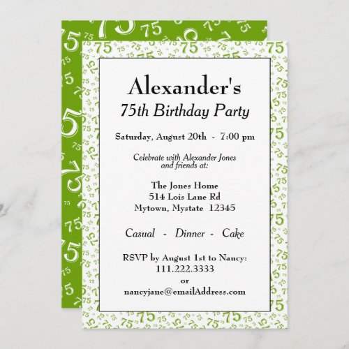 75th Birthday Party Green and White Number Pattern Invitation