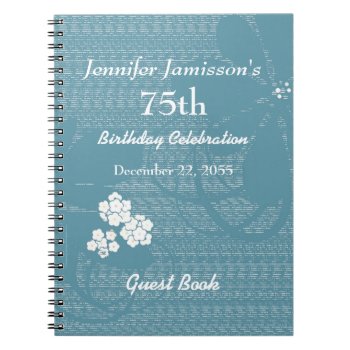 75th Birthday Party Guest Book Blue  White Floral by SocolikCardShop at Zazzle