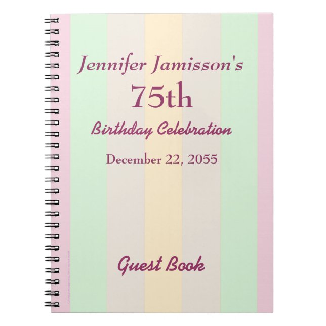 75th Birthday Party Guest Book Pastel Name Spiral (Front)