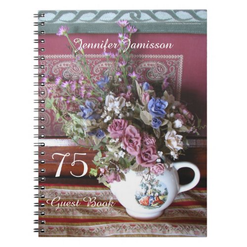 75th Birthday Party Guest Book Vintage Teapot Notebook