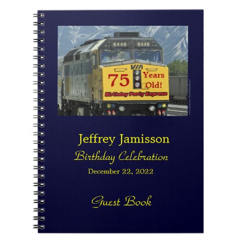 75th Birthday Party Guest Book Yellow Train Notebook