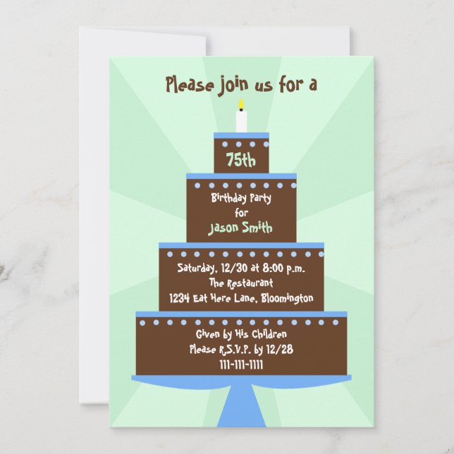 75th Birthday Party Invitation Cake on Green (Front)