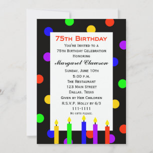 75th Birthday Party Invitation Candles and Dots