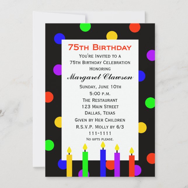 75th Birthday Party Invitation Candles and Dots (Front)