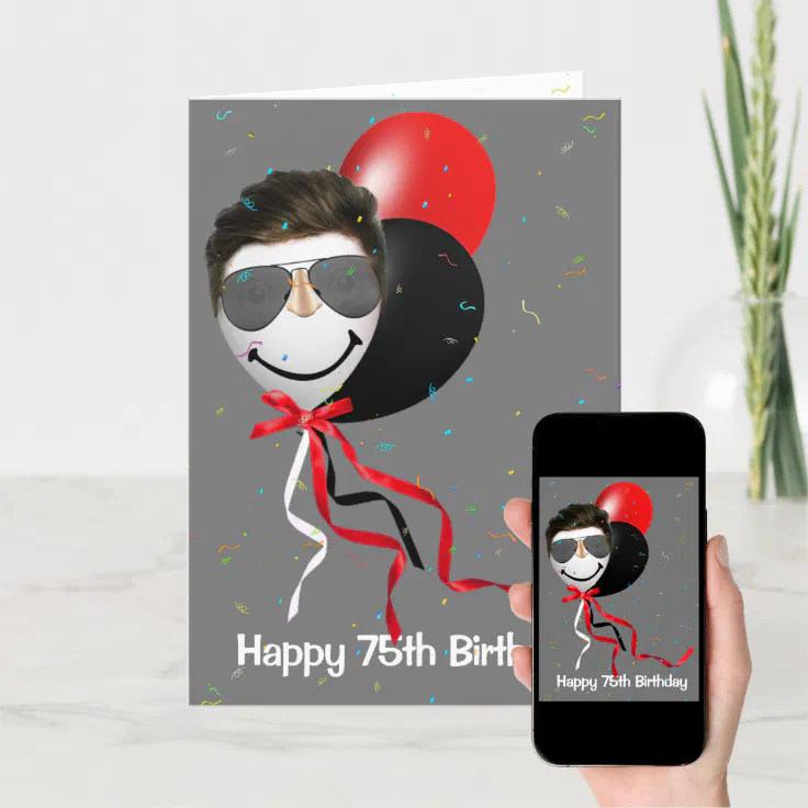 75th Birthday Party Man on Balloon Card | Zazzle