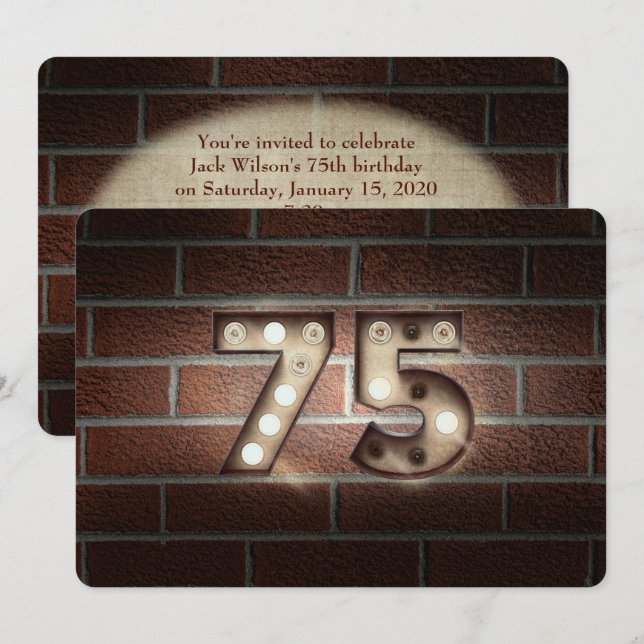 75th Birthday Party-marquee lights on brick Invitation (Front/Back)