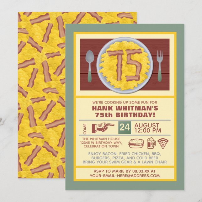 75th Birthday Party Mens Funny Bacon Eggs Theme Invitation (Front/Back)