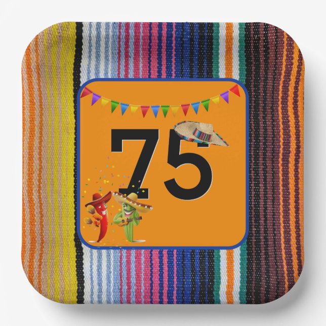 75th Birthday Party Mexican Design Paper Plates (Front)