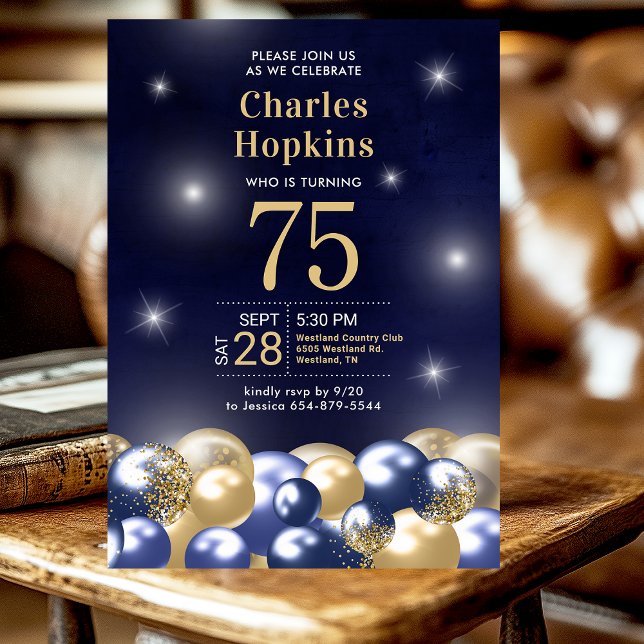 75th Birthday Party Navy Blue Gold Balloons Photo Invitation (Creator Uploaded)