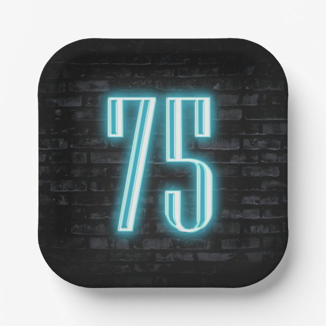 75th Birthday Party Neon Sign on Brick   Paper Plates (Front)