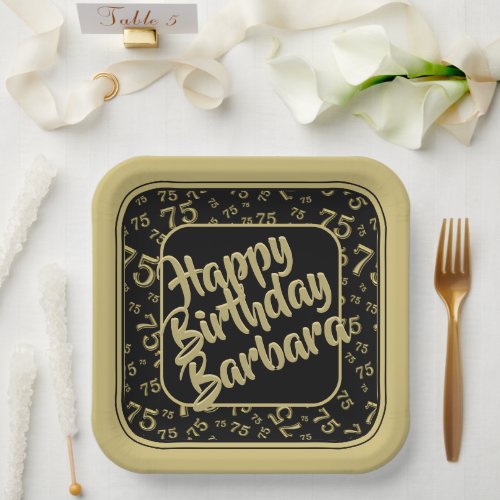 75th Birthday Party Number Pattern Black Gold Paper Plates
