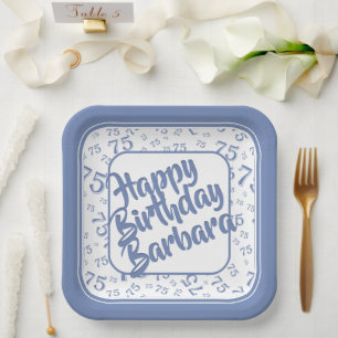 75th Birthday Party Number Pattern Blue White Paper Plates