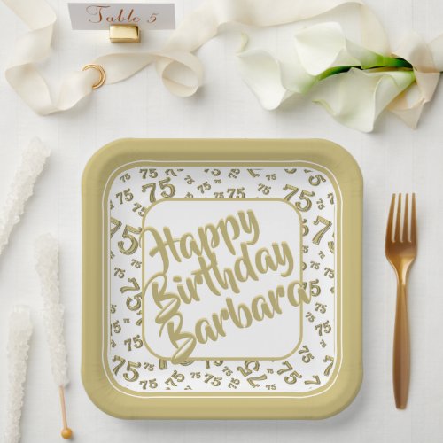 75th Birthday Party Number Pattern Gold White Paper Plates