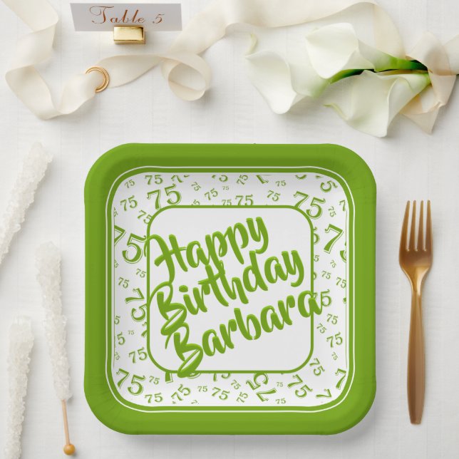 75th Birthday Party Number Pattern Green/White Paper Plates (Wedding)