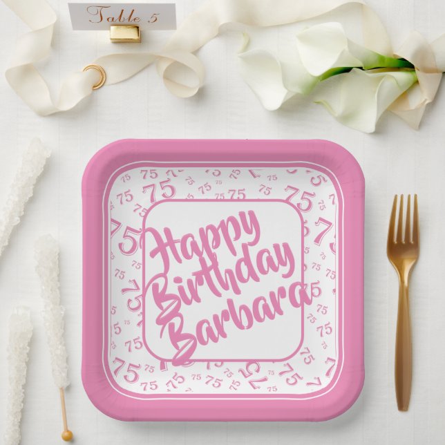 75th Birthday Party Number Pattern Pink White Paper Plates (Wedding)