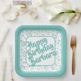 75th Birthday Party Number Pattern Teal White Paper Plates