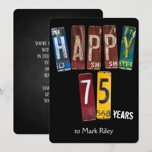 75th birthday party-old license plates invitation (Front/Back)