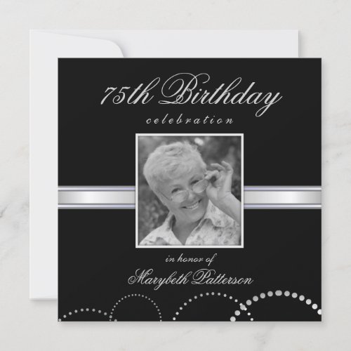 75th Birthday Party Photo Invitations Silver Black