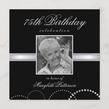 75th Birthday Party Photo Invitations Silver Black by SquirrelHugger at Zazzle