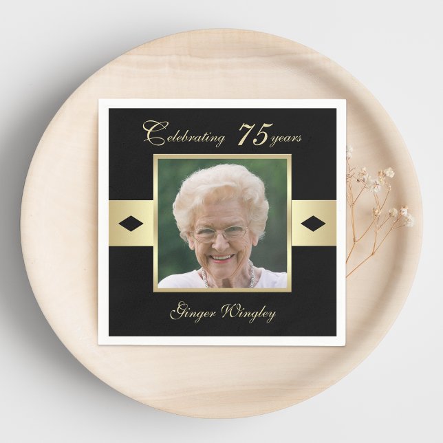 75th Birthday Party Photo on Black Paper Napkins (Creator Uploaded)