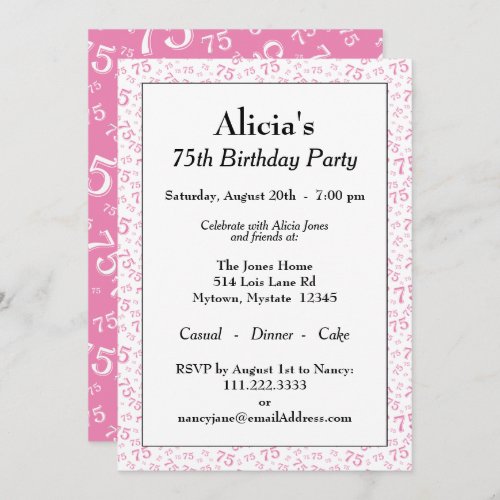 75th Birthday Party Pink and White Number Pattern Invitation