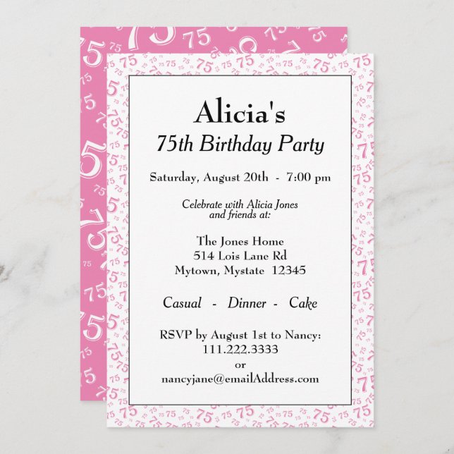 75th Birthday Party Pink and White Number Pattern Invitation (Front/Back)