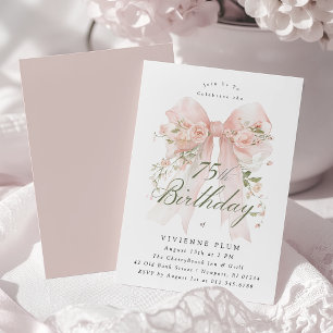 75th Birthday Party Pink Coquette Bow Rose Floral Invitation