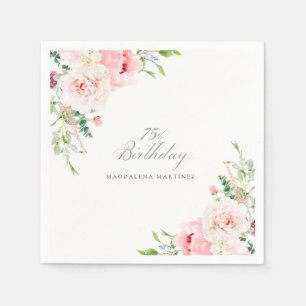 75th Birthday Party Pink Floral Custom Cocktail Napkins