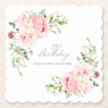 75th Birthday Party Pink Floral Custom Paper Coaster<br><div class="desc">A beautiful and feminine custom paper coaster to celebrate a 75th birthday in elegant style. This floral design is bordered with a frame of charming pink peonies and greenery.</div>