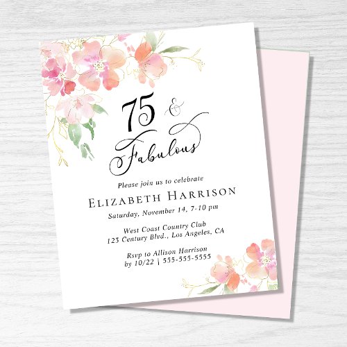 75th Birthday Party Pink Floral Invitation