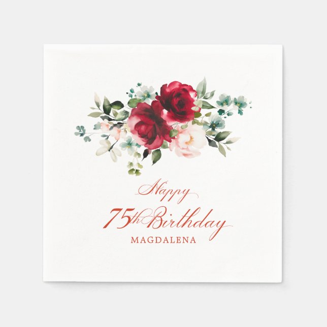 75th Birthday Party Pink Red Floral Custom Napkins (Front)