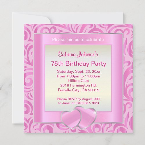 75th Birthday Party  Pink Silver  White Verder Invitation