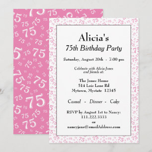 75th Birthday Party Pink/White Number Pattern Invitation