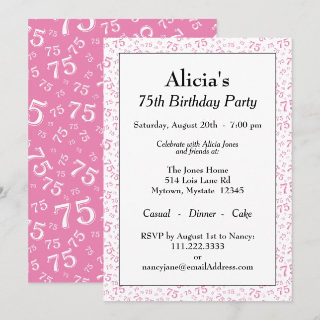 75th Birthday Party Pink/White Number Pattern Invitation (Front/Back)