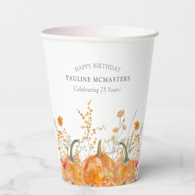 75th Birthday Party Pumpkin Wildflower Custom Paper Cups (Front)