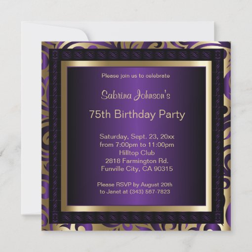 75th Birthday Party Purple and Gold Invitation | Zazzle