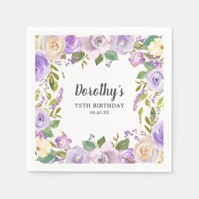 75th Birthday Party Purple Floral Monogram  Napkins (Front)