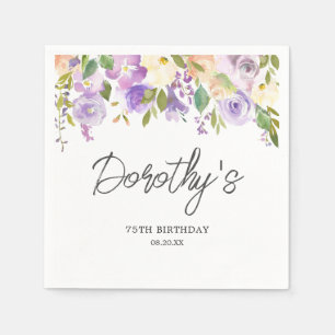 75th Birthday Party Purple Rose Floral Custom Napkins